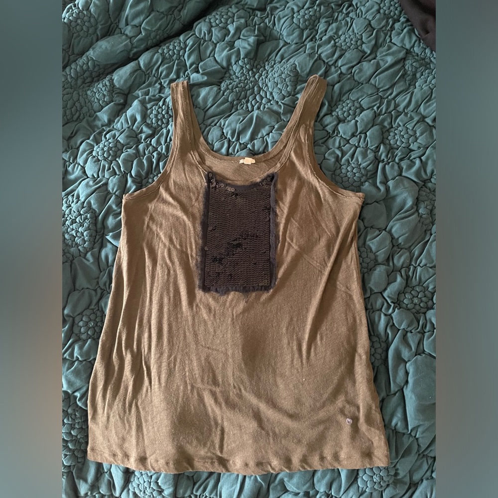 J. Crew Olive Tank Top with Black Sequin Detail